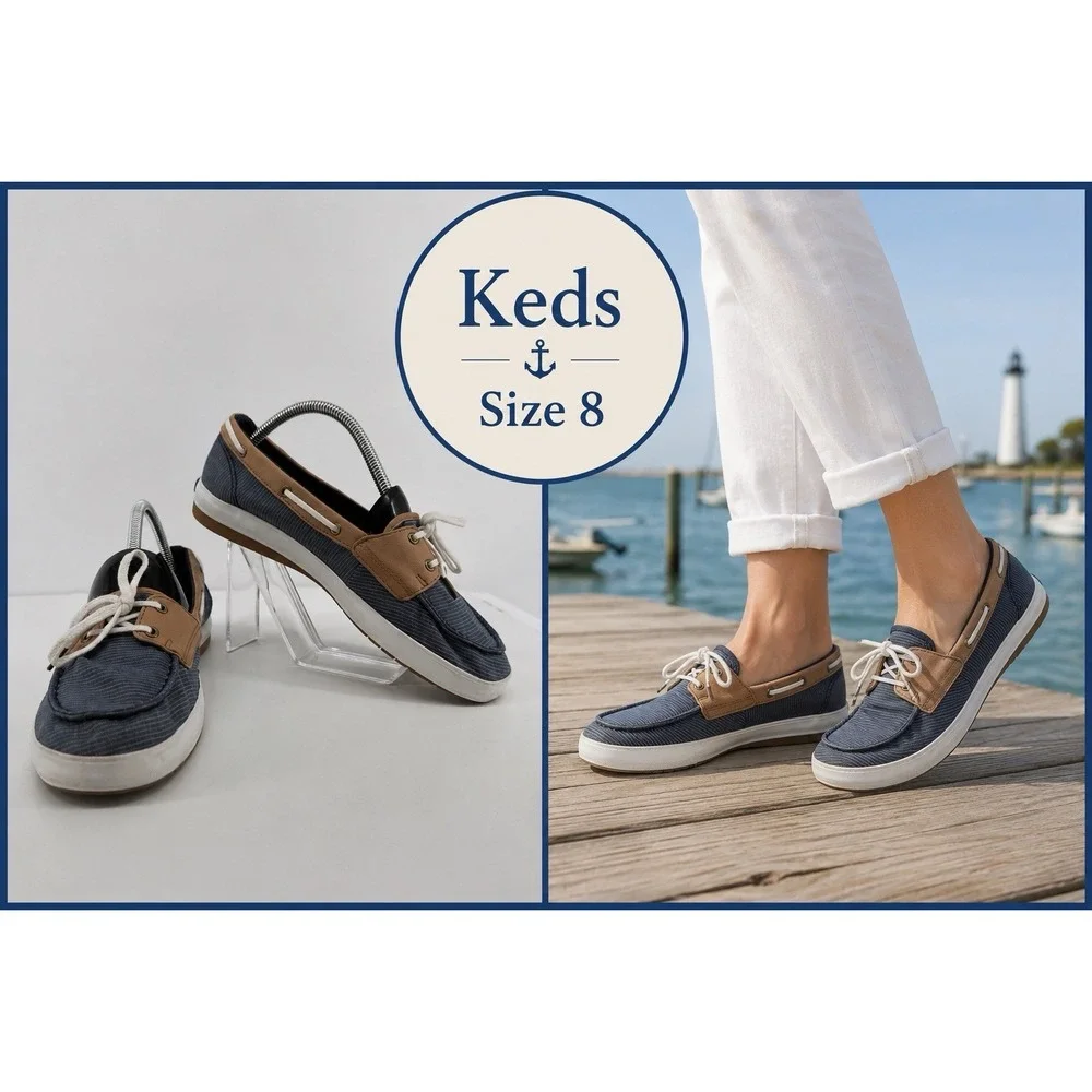 Keds Coastal Preppy Boat Shoes Navy Stripe Tan Trim Lace Up Comfort Size 8 Foam